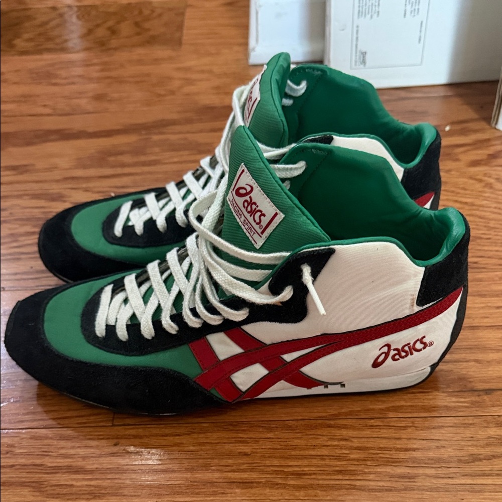 Asics High-Top Sneakers in Green, Red, and Black